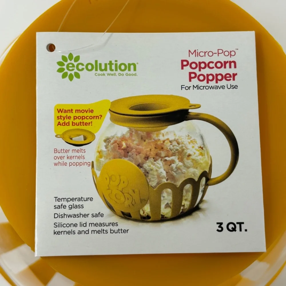 Ecolution Microwave Popcorn Popper Yellow Silicone Clear Glass 3 Quart Butter